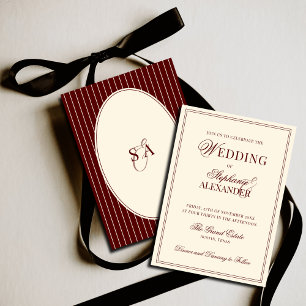 Deep Burgundy Ivory Stripe Oval Old Money Wedding Invitation