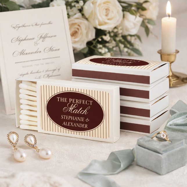 Deep Burgundy Ivory Stripes Oval Old Money Wedding Matchboxes (Creator Uploaded)