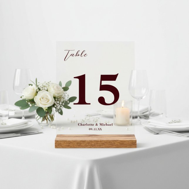 Deep Burgundy Minimalist Wedding Table Number Acrylic Sign (Creator Uploaded)