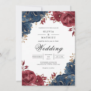 Deep Burgundy & Navy Floral Arch Wedding Invitation