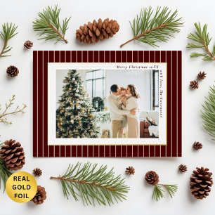Deep Burgundy Old Money Pinstripe Christmas Photo Foil Holiday Card