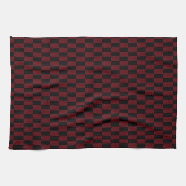 Deep Burgundy Red and Black Woven Pattern Kitchen Towel (Horizontal)