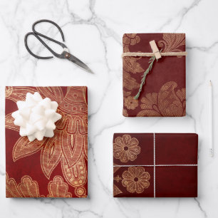 Deep Burgundy Red and Gold Damask Wrapping Paper Sheets