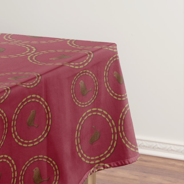 Deep Burgundy Red Birds Pattern Holiday Tablecloth (In Situ)