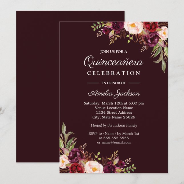 Deep Burgundy Red Floral Quinceanera Invitation (Front/Back)