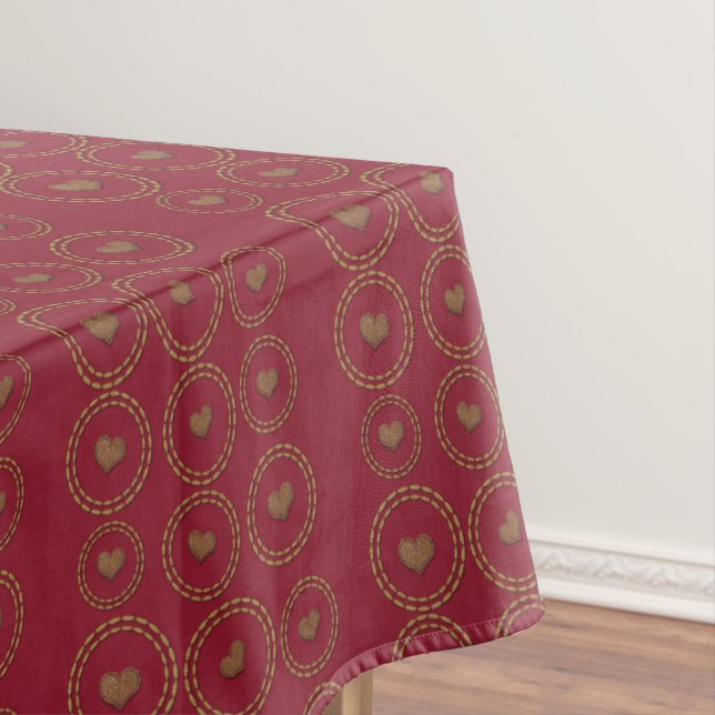 Deep Burgundy Red Heart Pattern Holiday Tablecloth (In Situ)