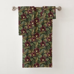 Deep Burgundy Red Orchids Jungle Birthday Bath Towel Set