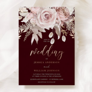 Deep Burgundy & Rose Gold Blush Floral Wedding Foil Invitation