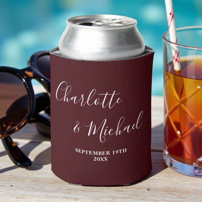 Deep Burgundy Script Minimalist Wedding Can Cooler (Creator Uploaded)