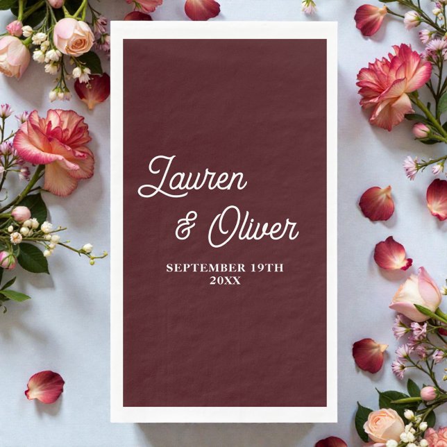 Deep Burgundy Script Minimalist Wedding Paper Guest Towels (Creator Uploaded)