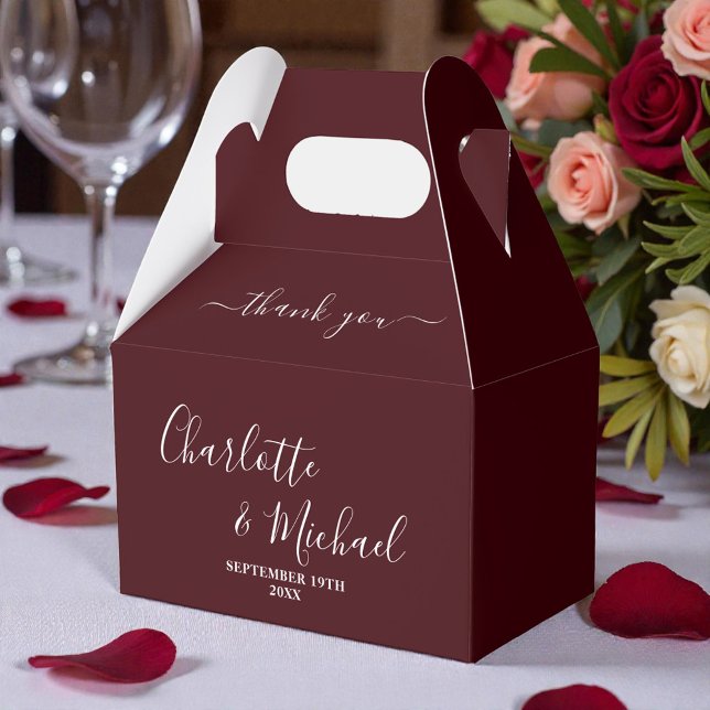 Deep Burgundy Script Minimalist Wedding Thank You Favor Boxes (Creator Uploaded)