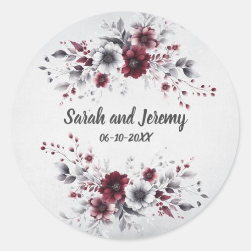 Deep Burgundy Silver Gray Watercolor Floral Custom Classic Round Sticker