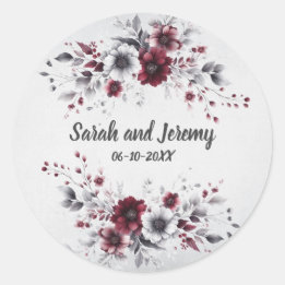 Deep Burgundy Silver Gray Watercolor Floral Custom Classic Round Sticker