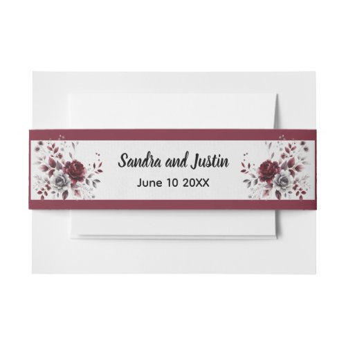 Deep Burgundy Silver Gray Watercolor Floral Custom Invitation Belly Band