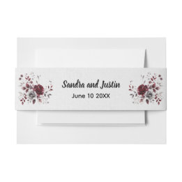 Deep Burgundy Silver Gray Watercolor Floral Custom Invitation Belly Band