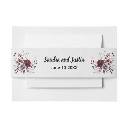 Deep Burgundy Silver Gray Watercolor Floral Custom Invitation Belly Band