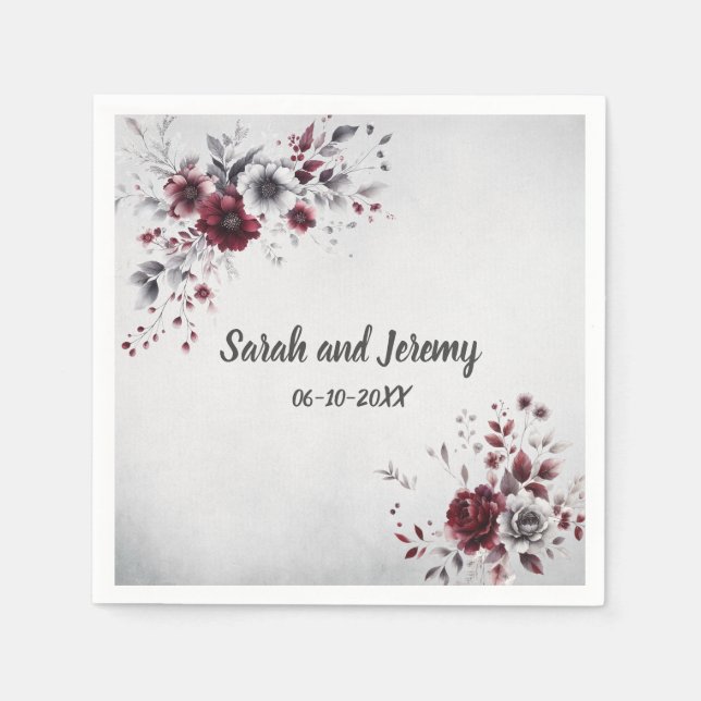 Deep Burgundy Silver Gray Watercolor Floral Custom Napkins (Front)