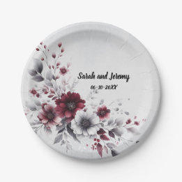 Deep Burgundy Silver Gray Watercolor Floral Custom Paper Plates