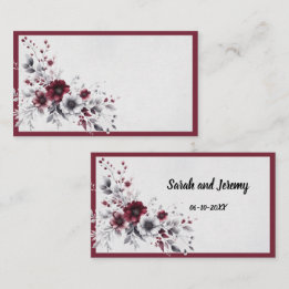 Deep Burgundy Silver Gray Watercolor Floral Custom Place Card
