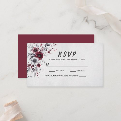 Deep Burgundy Silver Gray Watercolor Floral Custom Place Card
