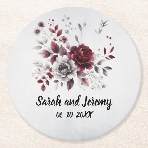 Deep Burgundy Silver Gray Watercolor Floral Custom Round Paper Coaster