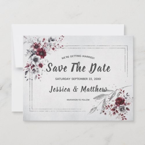 Deep Burgundy Silver Gray Watercolor Floral Custom Save The Date