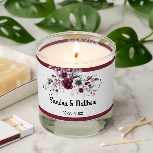 Deep Burgundy Silver Gray Watercolor Floral Custom Scented Candle