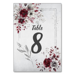 Deep Burgundy Silver Gray Watercolor Floral Custom Table Number