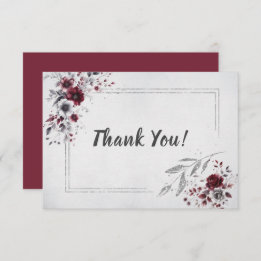 Deep Burgundy Silver Gray Watercolor Floral Custom Thank You Card