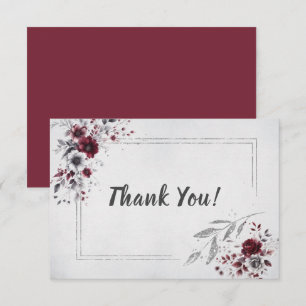 Deep Burgundy Silver Gray Watercolor Floral Custom Thank You Card