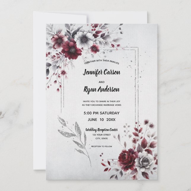 Deep Burgundy Silver Gray Watercolor Floral  Invitation (Front)