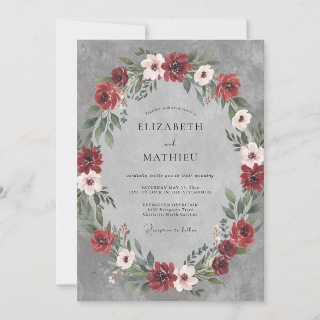 Deep Burgundy Slate Wreath Wedding Invitation (Front)
