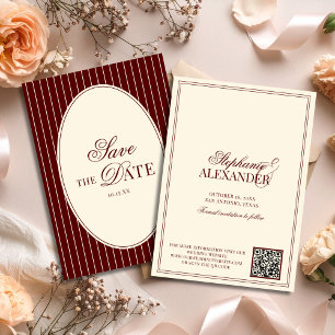 Deep Burgundy Stripes Old Money Wedding QR Code Save The Date
