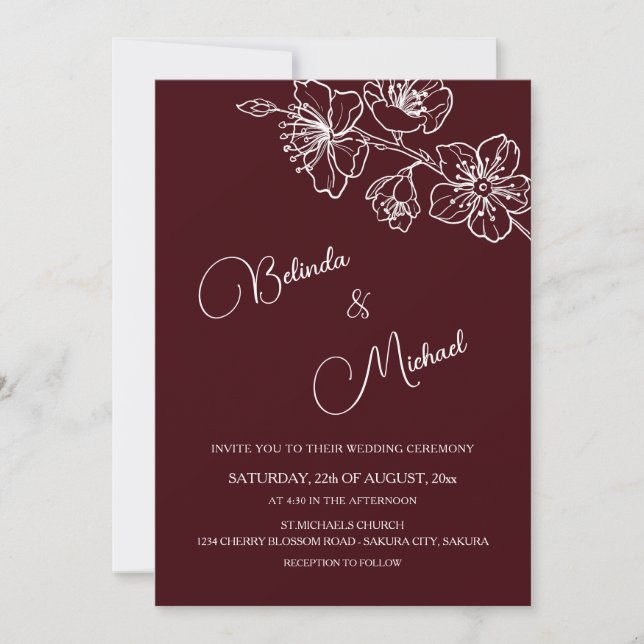 Deep Burgundy White Floral | Photo Wedding Invitation (Front)