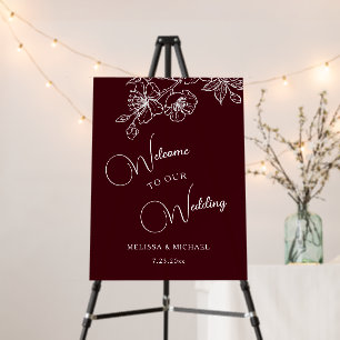 Deep Burgundy White Line Art Wedding Welcome Foam Board