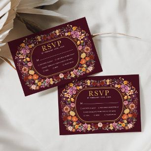 Deep Burgundy Wildflower Wreath wedding RSVP Card