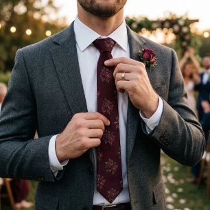 Deep Burgundy Wine Rose Bouquet Scattered Neck Tie