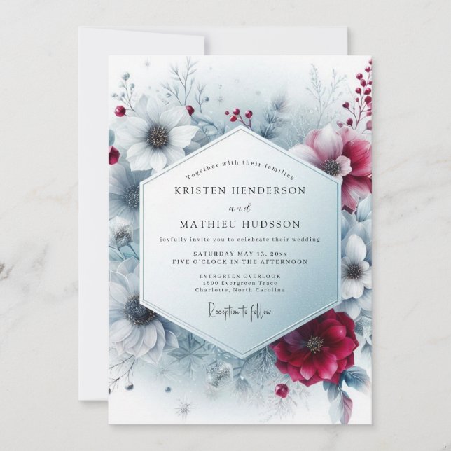Deep Burgundy Winter Bloom Wedding Invitation (Front)