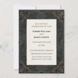 Deep Charcoal Gold Baroque Rose Scottish Wedding I Invitation