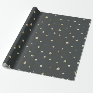 Deep Charcoal Japanese Narcissus Floral Pattern Wrapping Paper