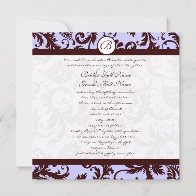 Deep Chocolate Brown Damask Wedding Invitation (Front)