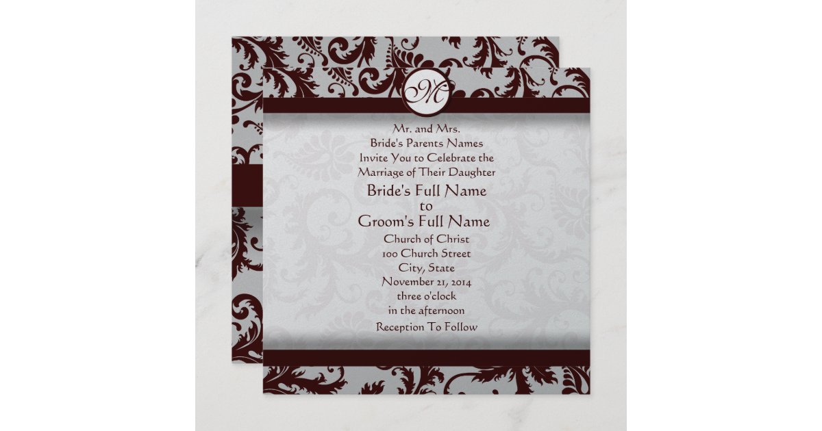 Deep Chocolate Brown Damask Wedding Invitation | Zazzle