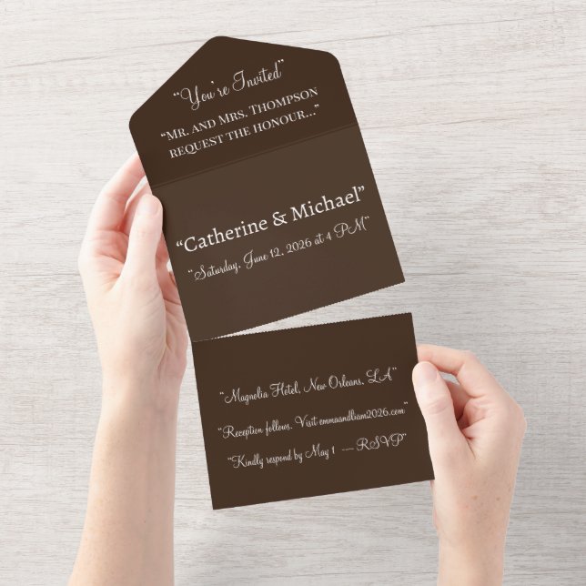 Deep Chocolate Brown Wedding Invite – All-in-One (Tearaway)