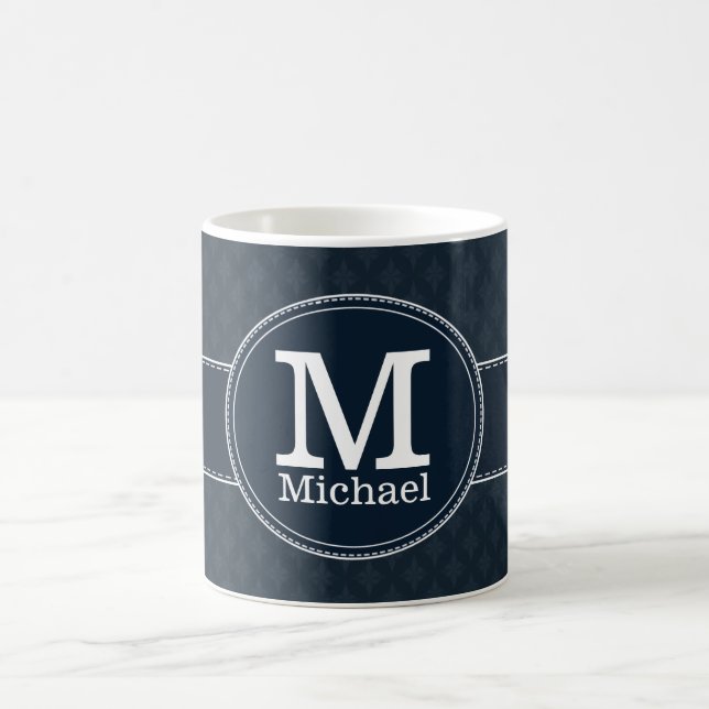Deep Classic Navy Blue Pattern Custom Monogram Coffee Mug (Center)