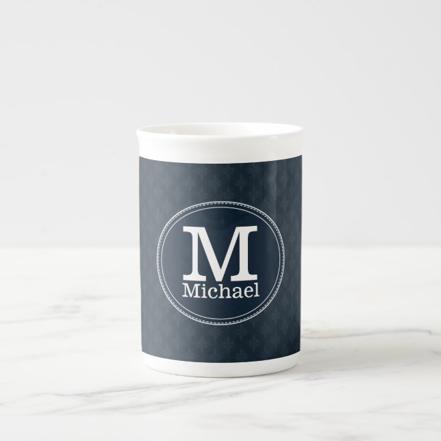 Deep Classic Navy Custom Monogram Bone China Mug (Front)