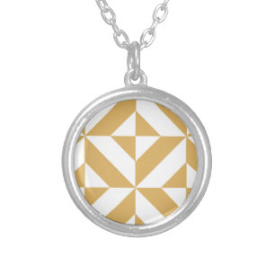 Deep Cool Gold Geometric Deco Cube Pattern Silver Plated Necklace