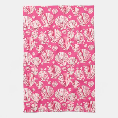 Deep Coral and Pastel Pink Sea Shells Kitchen Towel