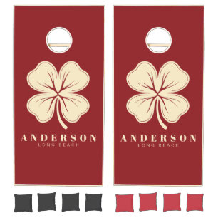 Deep Cranberry Four Leaf Clover with Name Cornhole Set