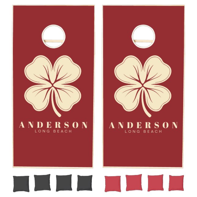 Deep Cranberry Four Leaf Clover with Name Cornhole Set (Set)