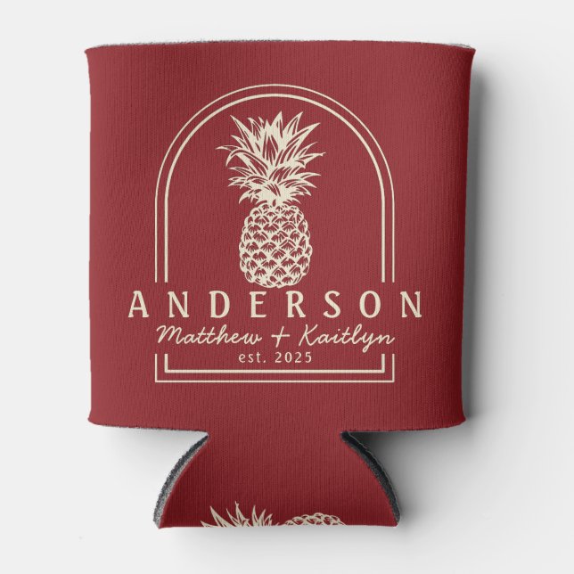 Deep Cranberry Pineapple Wedding Arch & Name Can Cooler (Front)